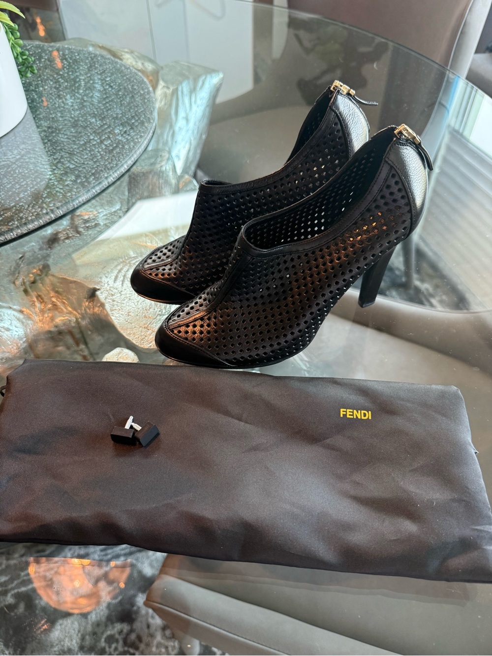 Fendi Black Perforated Leather High-Heel Ankle Booties
